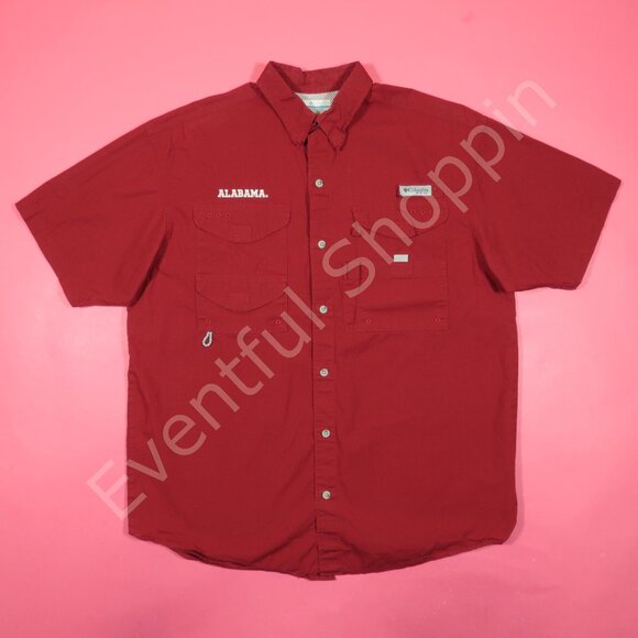 Columbia PFG Alabama Houndstooth Fishing Sport Shirt in Crimson Red Size Medium - Picture 3 of 8